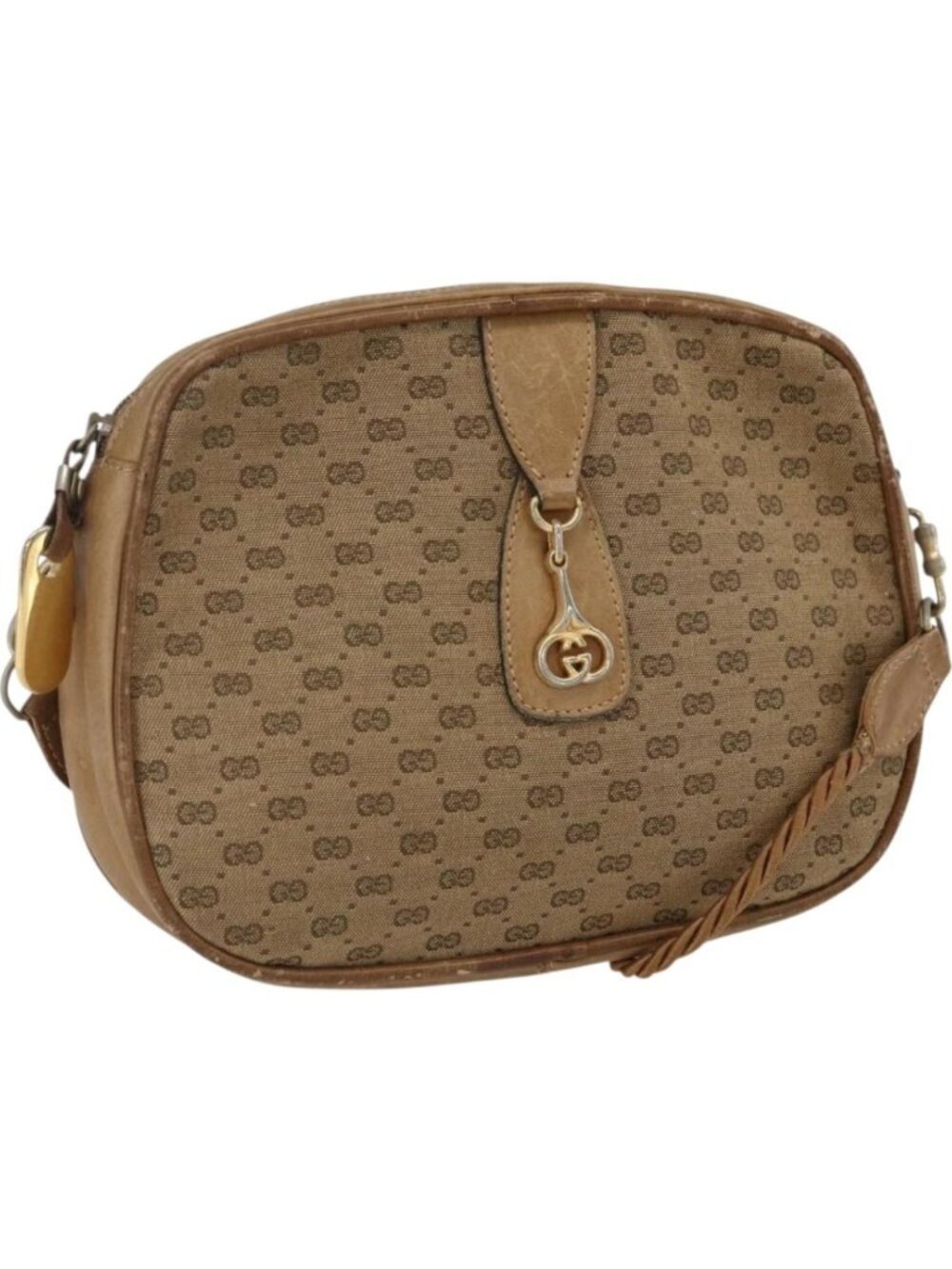 GUCCI Micro GG Canvas Shoulder Bag Beige Gold